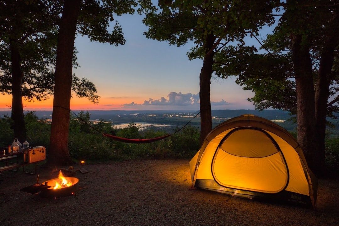 Beleuchtetes Zelt und Lagerfeuer auf einem Waldcampingplatz bei Sonnenuntergang